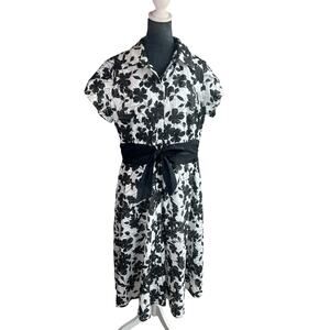 Sandra Darren- Sz 16- Black White sundress- floral- collar- Midi Waist Tie
